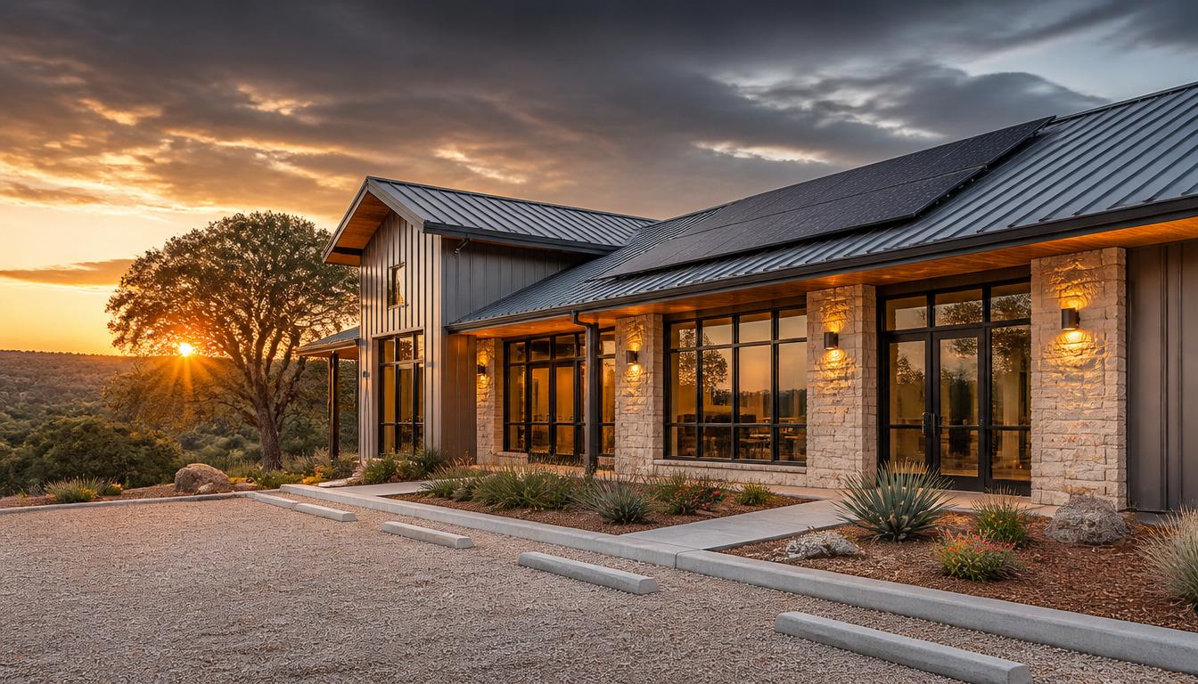 Modern sustainable building with solar panels and native Texas landscaping at sunset
