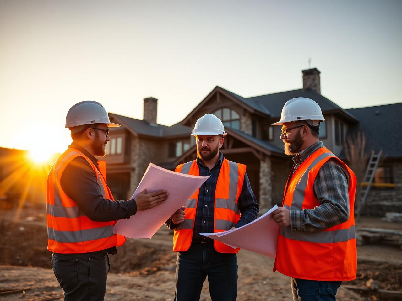 Trifecta crew reviewing blueprints at a Texas residential home build at sunrise